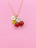 Gold Natural Carnelian Necklace, Foodie Fruit Green Leaf White Flower, Gemstone Jewelry, N5938