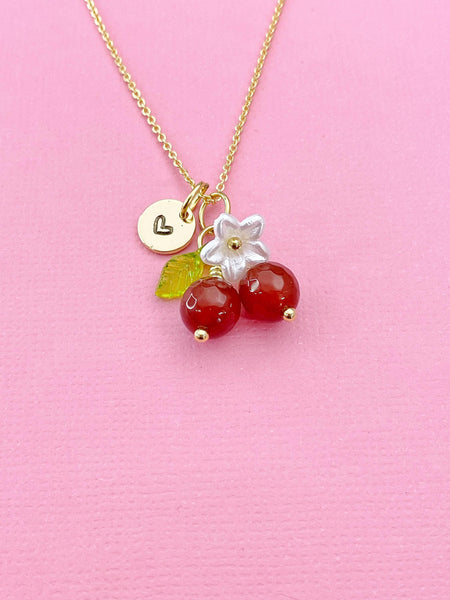 Gold Natural Carnelian Necklace, Foodie Fruit Green Leaf White Flower, Gemstone Jewelry, N5938
