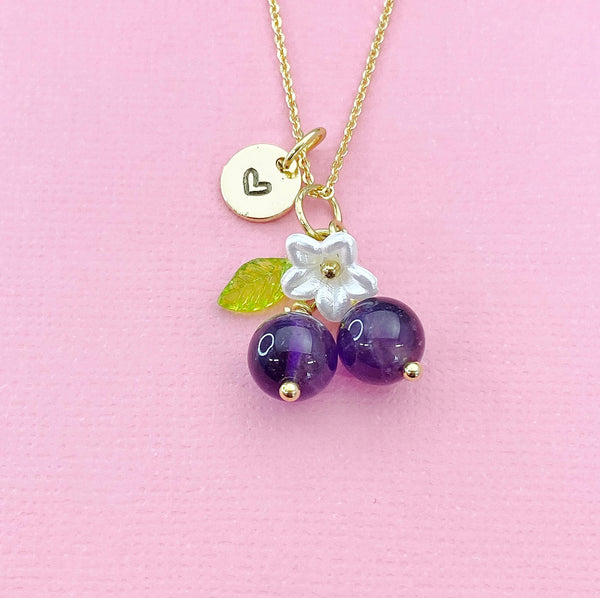 Gold Natural Amethyst Necklace, Foodie Fruit Green Leaf White Flower, Gemstone Jewelry, N5941