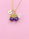 Gold Natural Amethyst Necklace, Foodie Fruit Green Leaf White Flower, Gemstone Jewelry, N5941