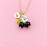 Gold Natural Obsidian Necklace, Foodie Fruit Green Leaf White Flower, Gemstone Jewelry, N5942