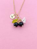 Gold Natural Obsidian Necklace, Foodie Fruit Green Leaf White Flower, Gemstone Jewelry, N5942