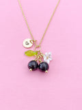 Gold Natural Garnet Necklace, Foodie Fruit Green Leaf White Flower, Gemstone Jewelry, N5944