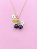 Gold Natural Garnet Necklace, Foodie Fruit Green Leaf White Flower, Gemstone Jewelry, N5944
