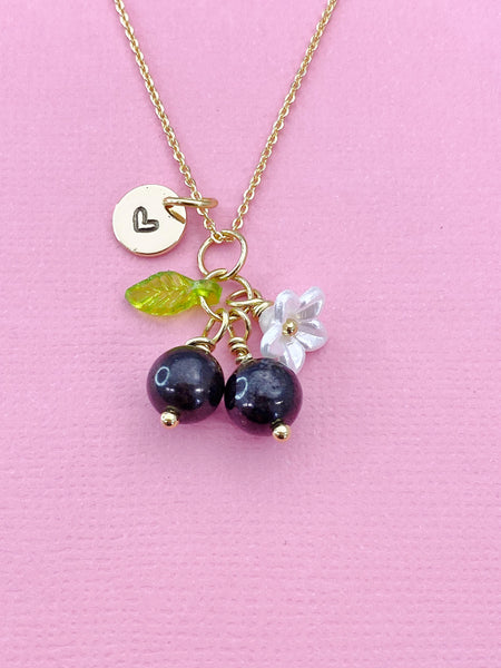 Gold Natural Garnet Necklace, Foodie Fruit Green Leaf White Flower, Gemstone Jewelry, N5944