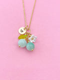 Gold Natural Jade Necklace, Green Jade Fruit Green Leaf White Flower Foodie Gemstone Jewelry, N5946