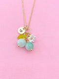 Gold Natural Jade Necklace, Green Jade Fruit Green Leaf White Flower Foodie Gemstone Jewelry, N5946