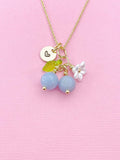 Gold Natural Angelite Necklace, Foodie Fruit Green Leaf White Flower, Gemstone Jewelry, N5949