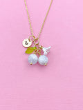 Gold Natural Aquamarine Necklace, Foodie Fruit Green Leaf White Flower, Gemstone Jewelry, N5951