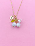 Gold Natural Aquamarine Necklace, Foodie Fruit Green Leaf White Flower, Gemstone Jewelry, N5951