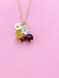 Gold Natural Tiger Eye Necklace, Foodie Fruit Green Leaf White Flower, Gemstone Jewelry, N5952
