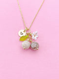 Gold Natural Maifanite Necklace, Foodie Fruit Green Leaf White Flower, Gemstone Jewelry, N5953