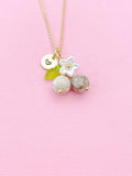 Gold Natural Maifanite Necklace, Foodie Fruit Green Leaf White Flower, Gemstone Jewelry, N5953
