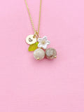 Gold Natural Maifanite Necklace, Foodie Fruit Green Leaf White Flower, Gemstone Jewelry, N5953