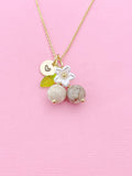 Gold Natural Maifanite Necklace, Foodie Fruit Green Leaf White Flower, Gemstone Jewelry, N5953