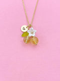 Gold Natural Citrine Necklace, Foodie Fruit Green Leaf White Flower, Gemstone Jewelry, N5954