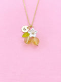 Gold Natural Citrine Necklace, Foodie Fruit Green Leaf White Flower, Gemstone Jewelry, N5954