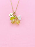 Gold Natural Citrine Necklace, Foodie Fruit Green Leaf White Flower, Gemstone Jewelry, N5954