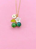 Gold Natural Dragon Veins Agate Necklace, Foodie Fruit Green Leaf White Flower, Gemstone Jewelry, N5955