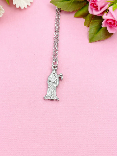 Silver Skeleton Death Scythe Charm Necklace, Stainless Steel Waterproof, N1934