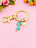 Gold Blue Cat Initial Charm Keychain, Daughter Gift