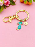 Gold Blue Cat Initial Charm Keychain, Daughter Gift