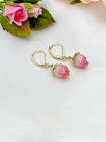 Gold Pink Flower Charm Earrings, N5958