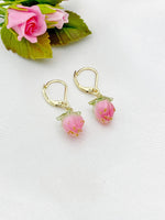 Gold Pink Flower Charm Earrings, N5958