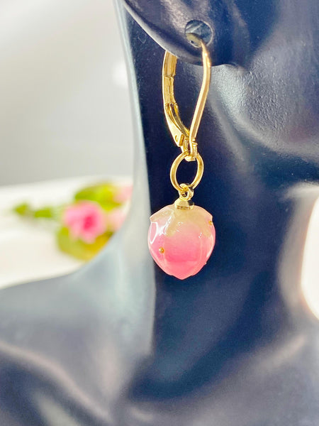 Gold Pearl Pink Flower Bud Charm Earrings, N5959