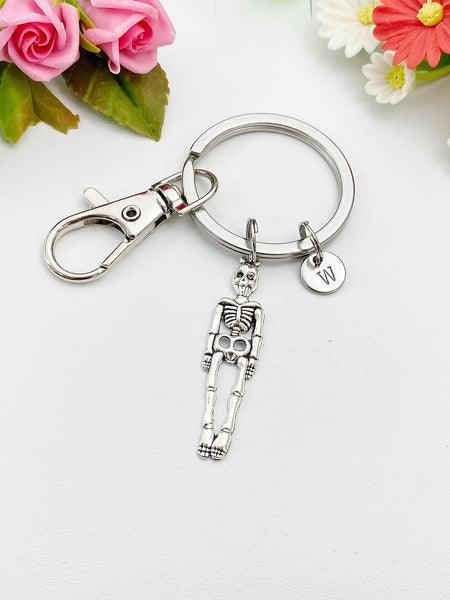 Silver Skeleton Charm Keychain, Personalized Initial Keychain, N449B