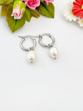 Silver Cultured Pearl Earrings, Cultured Freshwater Pearl Hoop Earrings, N3979S