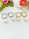 Silver or Gold Cultured Pearl Earrings, Cultured Freshwater Pearl Hoop Earrings, N3979M