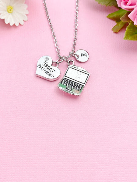 Silver Happy Retirement Charm Necklace, Computer Laptop Charm Necklace, Personalized Retirement Gift, N1288