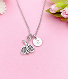 Silver Tennis Racket Charm Necklace, Personalized Initial