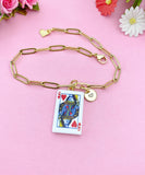 Gold Queen of Heart Play Card Charm Necklace, Bracelet or Keychain Option, N5667A