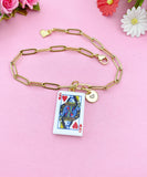 Gold Queen of Heart Play Card Charm Necklace, Bracelet or Keychain Option, N5667A