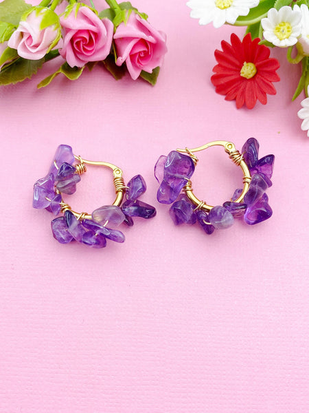 Gold Natural Amethyst Wire Wrap Braided Hoop Earrings Gemstone Jewelry, Gifts for Girlfriends, N5321A