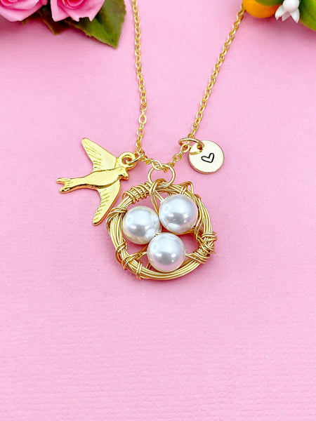 Gold or Silver Swallow Bird Nest Charm Necklace, Shell Pearl Jewelry, N5994