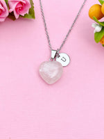 Silver Natural Rose Quartz Heart Charm Necklace, Natural Gemstone Jewelry, N5995