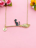 Gold or Silver Black Cat Sit on Witches Broom Charm Necklace, Halloween Jewelry, N5997