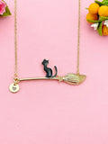 Gold or Silver Black Cat Sit on Witches Broom Charm Necklace, Halloween Jewelry, N5997
