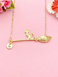 Gold or Silver Cat Sit on Witches Broom Charm Necklace, Halloween Jewelry, N5998