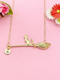 Gold or Silver Cat Sit on Witches Broom Charm Necklace, Halloween Jewelry, N5998