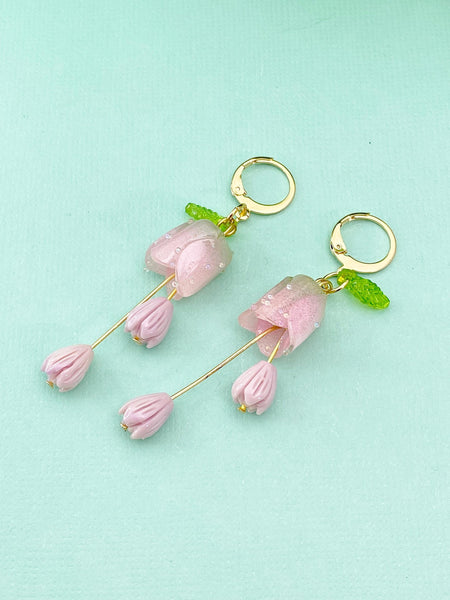 Gold Pink Rose Pikake Flower Charm Earrings, N6006