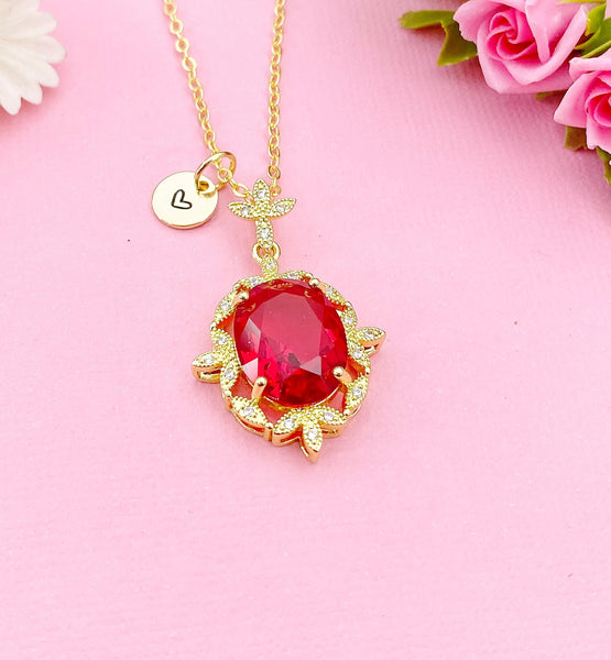 Gold Red Oval with Leaf Charm Necklace, N6009A