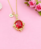 Gold Red Oval with Leaf Charm Necklace, N6009A