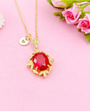 Gold Red Oval with Leaf Charm Necklace, N6009A