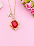 Gold Red Oval with Leaf Charm Necklace, N6009A