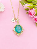 Gold Oval with Leaf Charm Necklace, Green, N6009C