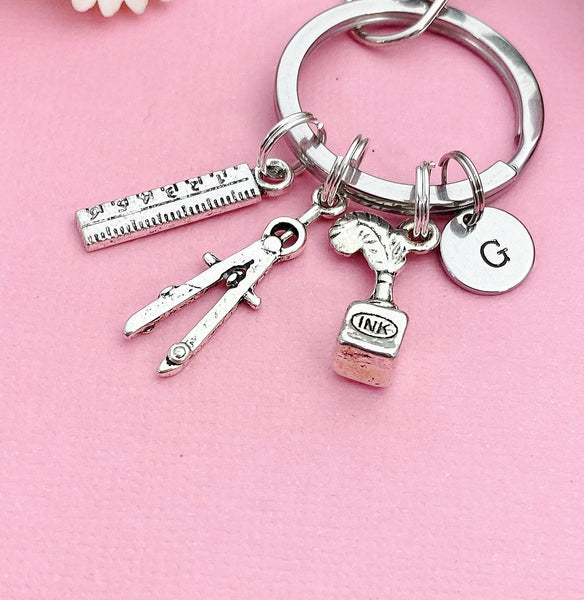 Architect Keychain, Pencil Compass Charm, Ruler Charm, Quill Feather Pen and Ink Bottle Charm, Architect Graduation Gift, N6010